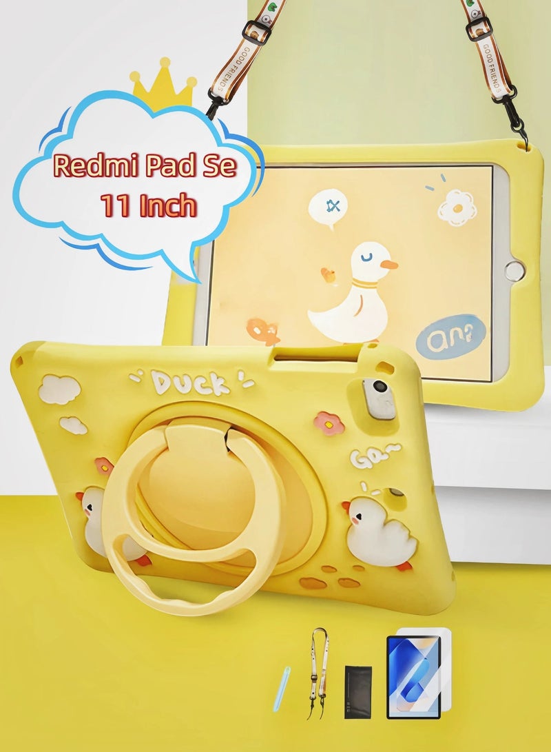 جراب مقاوم للصدمات لجهاز شاومي ريدمي باد إس إي 11 بوصة، غطاء تابلت للأطفال بتصميم بطة لطيفة، مع مقبض متعدد الاستخدامات 3 في 1 (مقبض/حامل/حامل أقلام)، حزام مجاني لحقيبة المدرسة، واقي شاشة مضاد للوهج، قلم لمس مصمم للأطفال - أصفر - Image 1